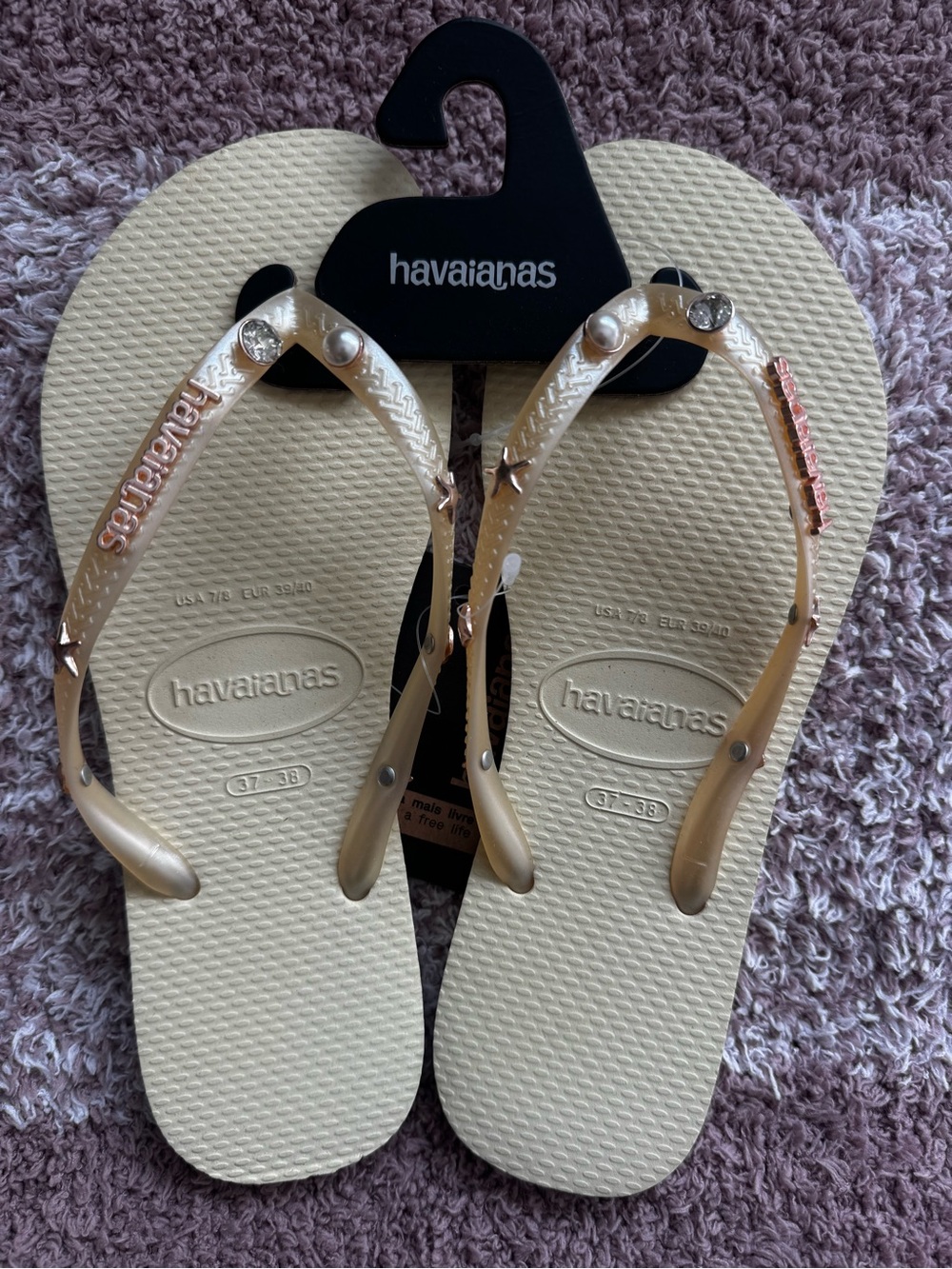 Havaianas Women's Cream Flip Flops with Gold-Tone Straps and Studs